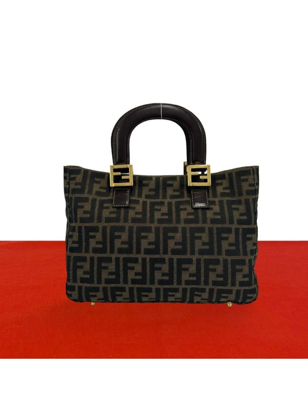 Fendi Vintage Zucca FF Pattern Canvas Leather Handbag Mini Tote Brown Black